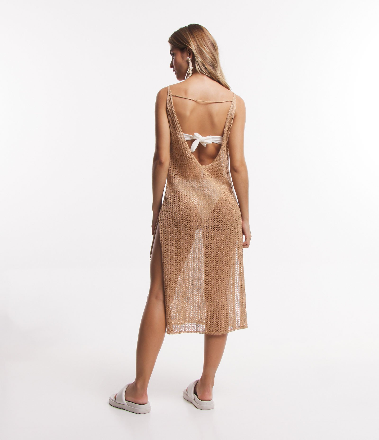 Saída de Praia Vestido em Tricô com Decote nas Costas Bege 2