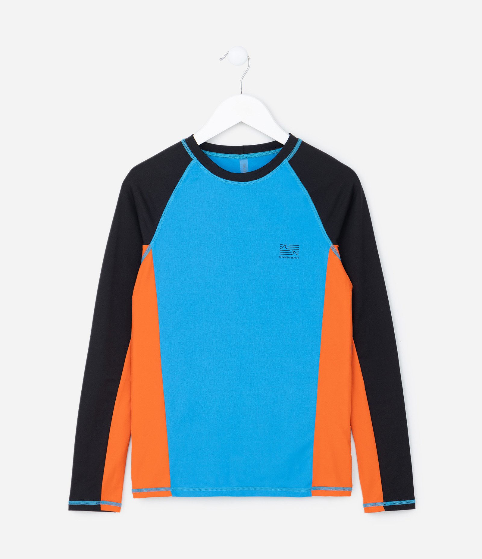 Camiseta Infantil com Proteção UV e Estampa Bloco de Cores - Tam 5 a 14 Anos Azul/Preto/Laranja 1