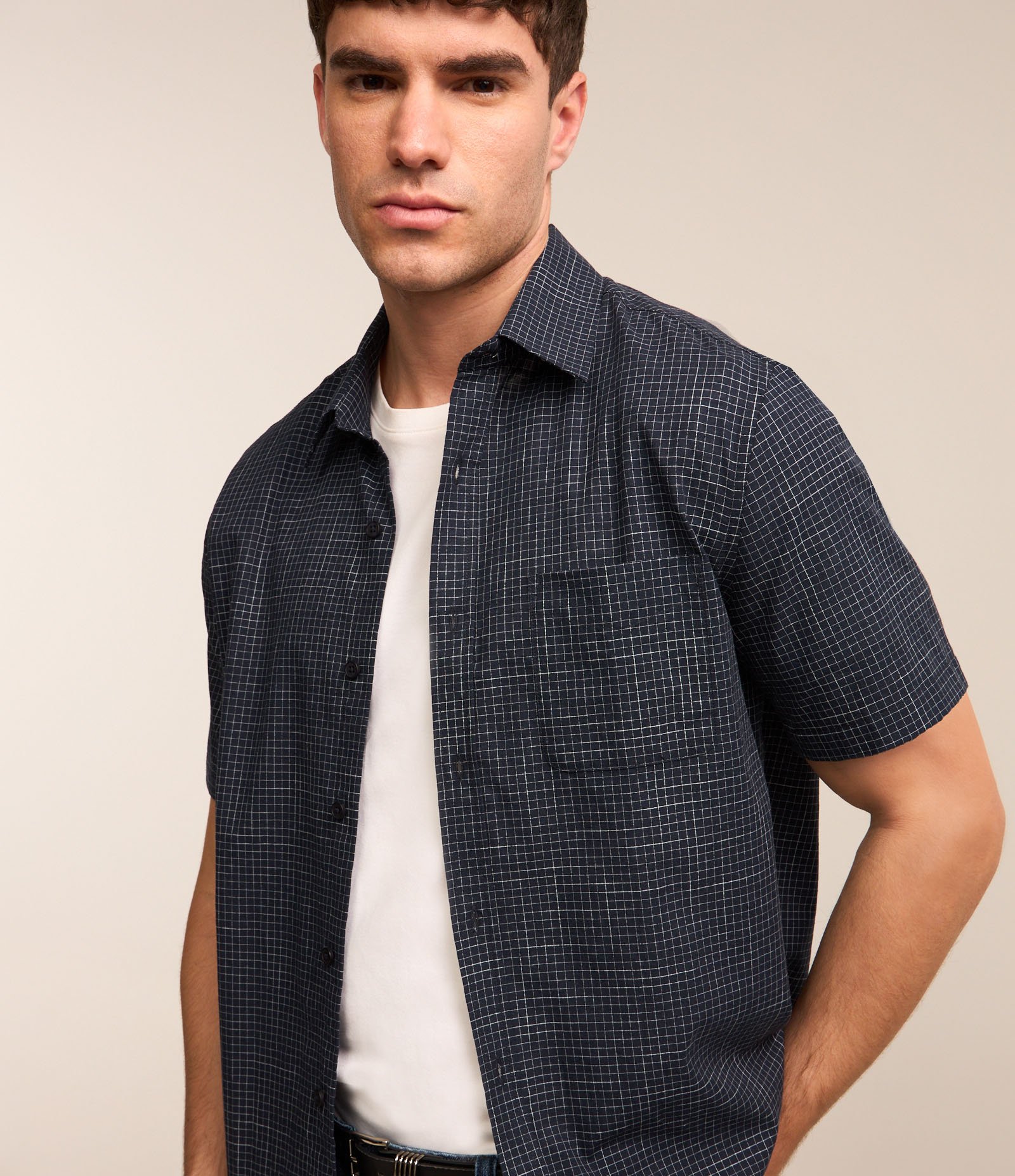 Camisa Tricoline com Estampa Xadrez Azul 1
