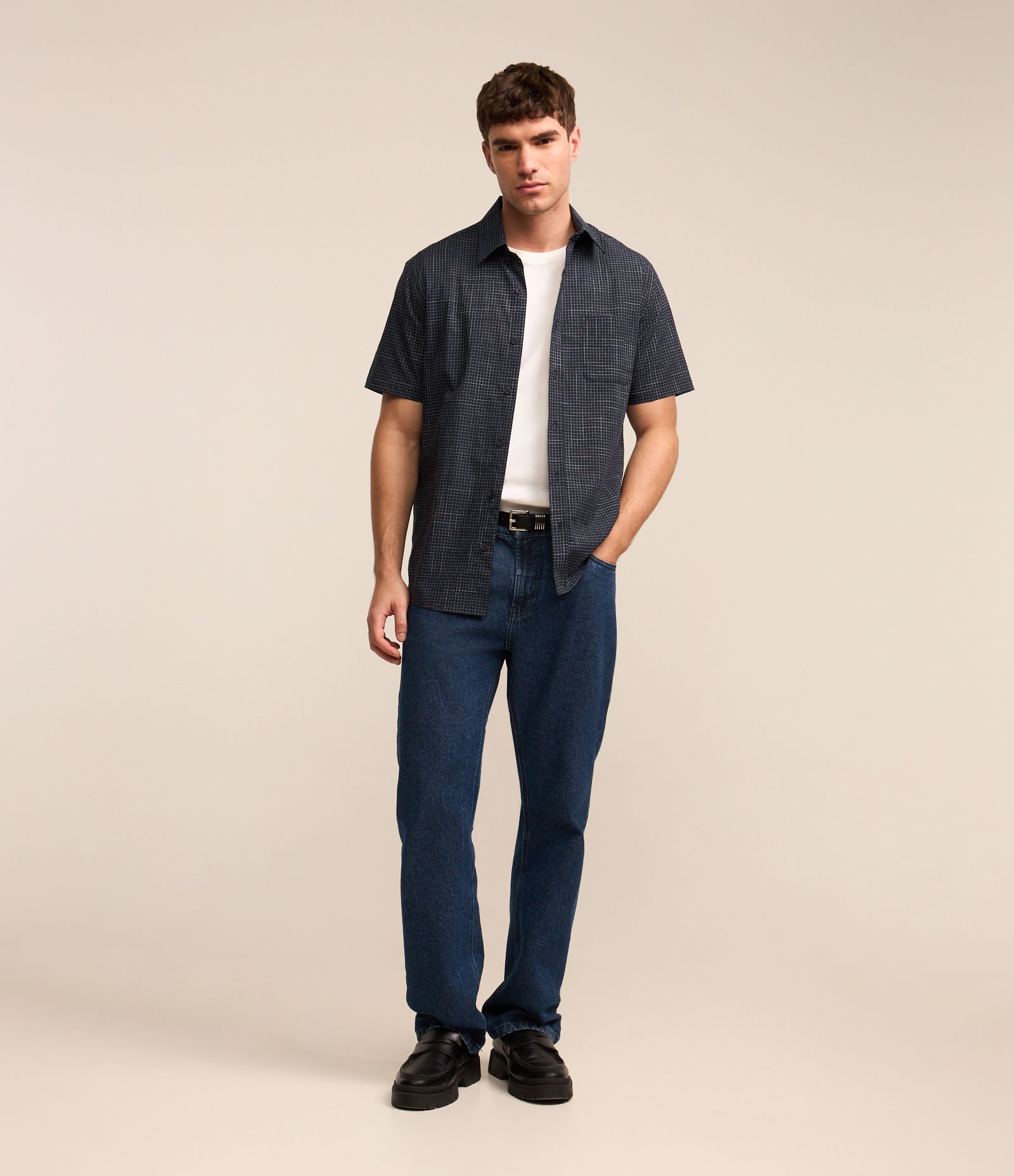 Camisa Tricoline com Estampa Xadrez Azul 2
