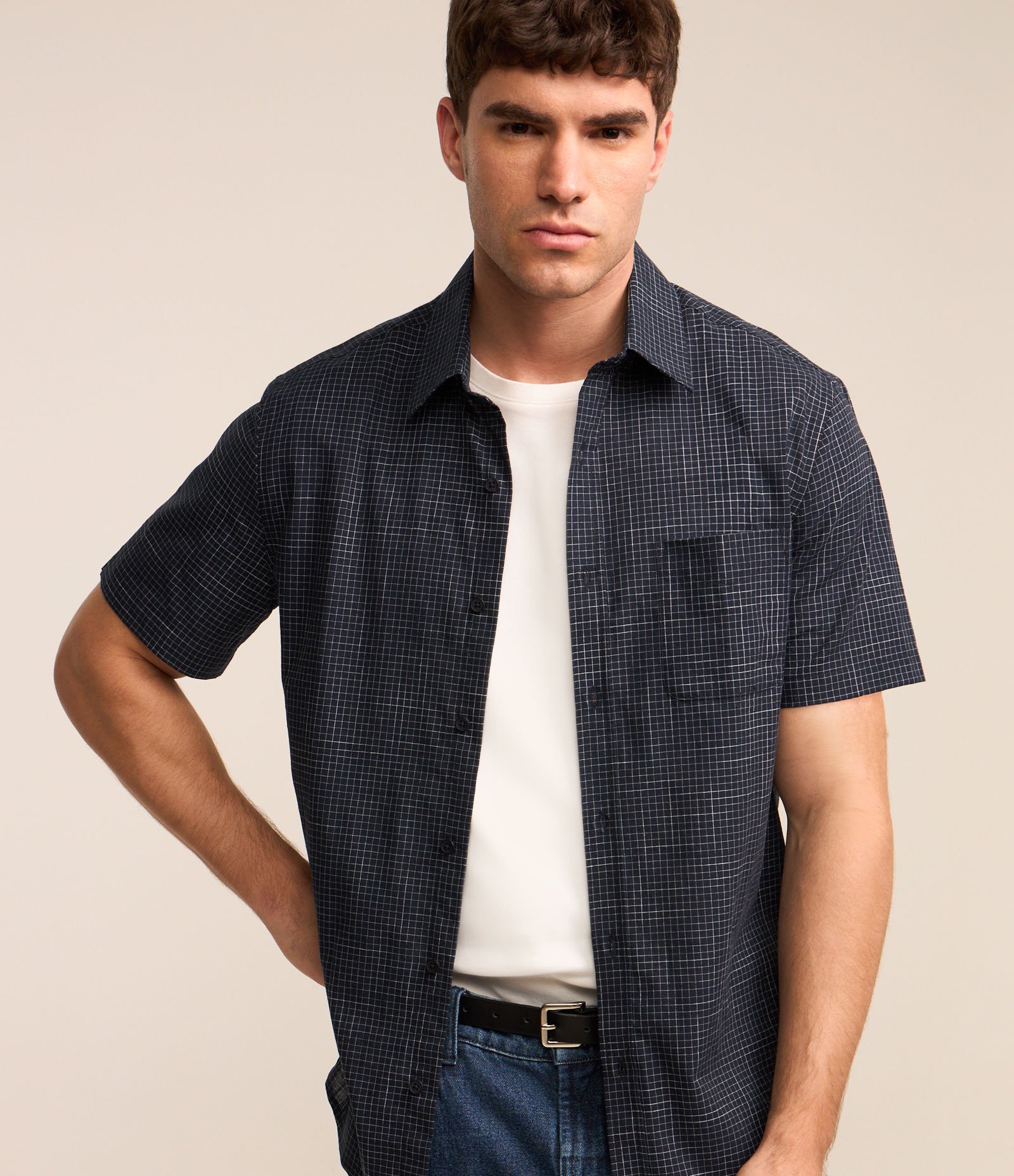 Camisa Tricoline com Estampa Xadrez Azul 3