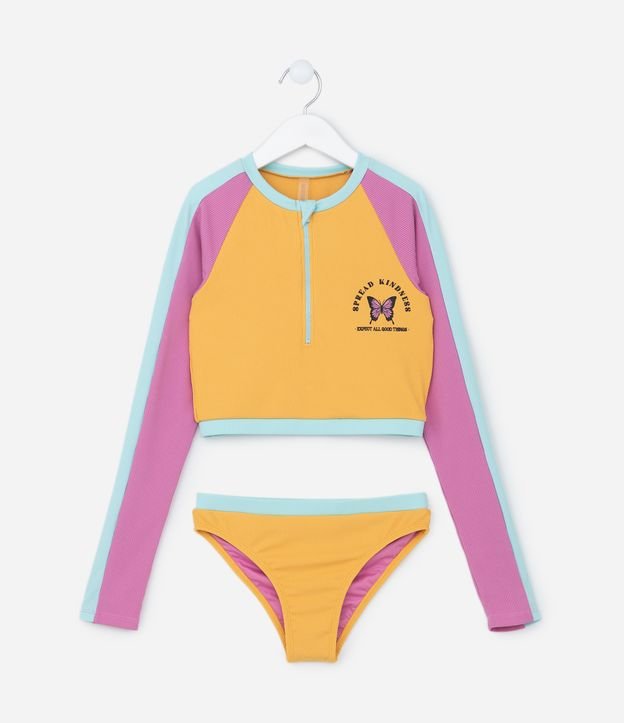 Biquíni Cropped Infantil Canelado com Estampa de Borboleta - Tam 5 a 14 anos