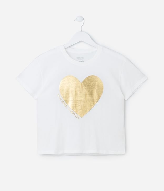 Camiseta Cropped Infantil com Estampa Coração - Tam 5 A 14 Anos Branco Neve 1