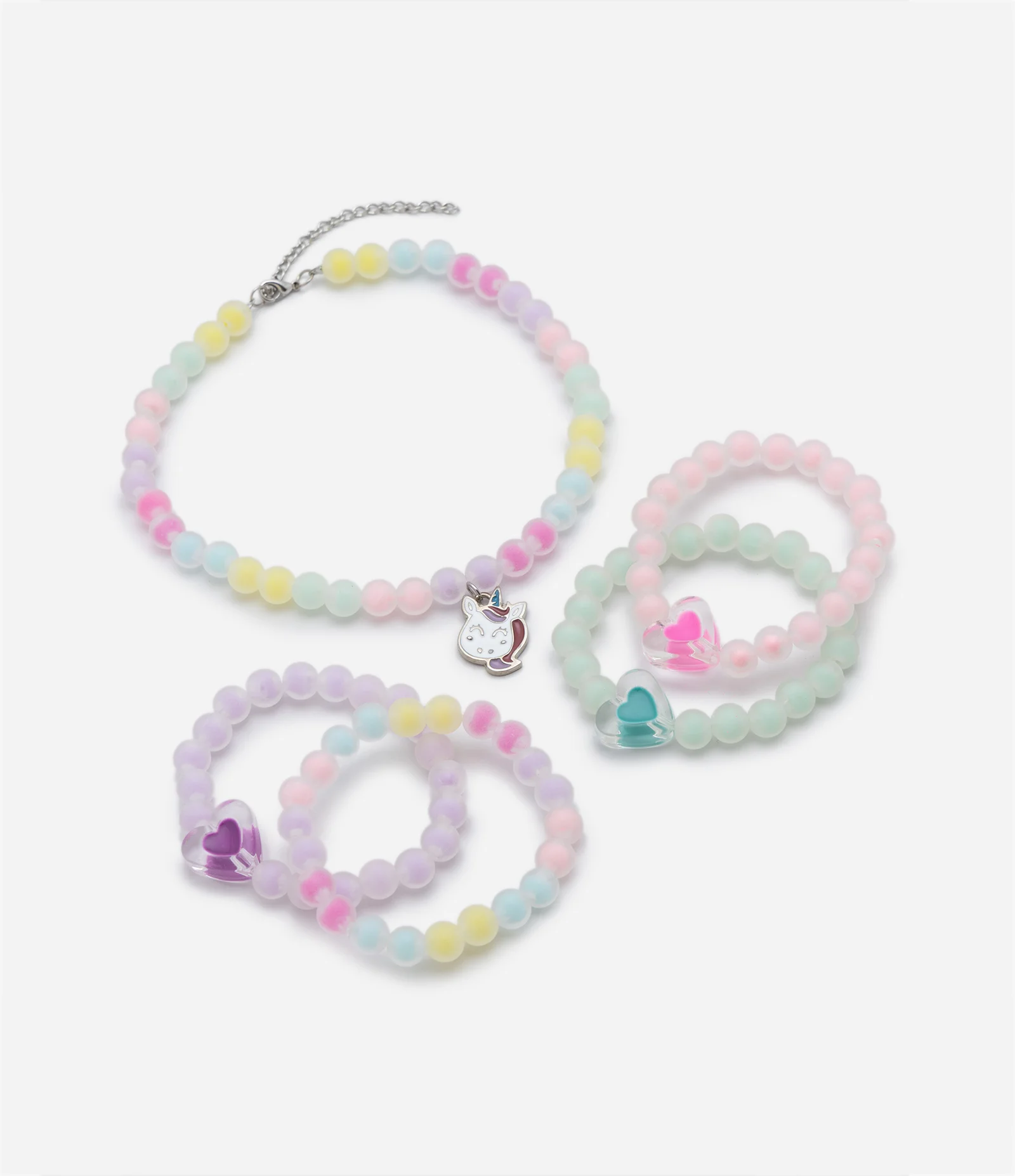 Kit 05 Colar e Pulseiras Infantis com Pingente de Unicórnio Rosa 2