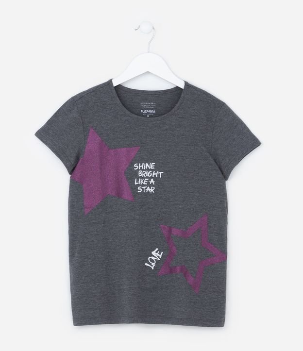 Camiseta Evasê Infantil Estampa Estrelas com Glitter - Tam 5 a 14 anos Cinza 1