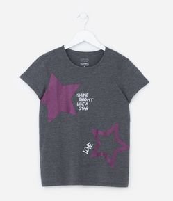 Camiseta Evasê Infantil Estampa Estrelas com Glitter - Tam 5 a 14 anos