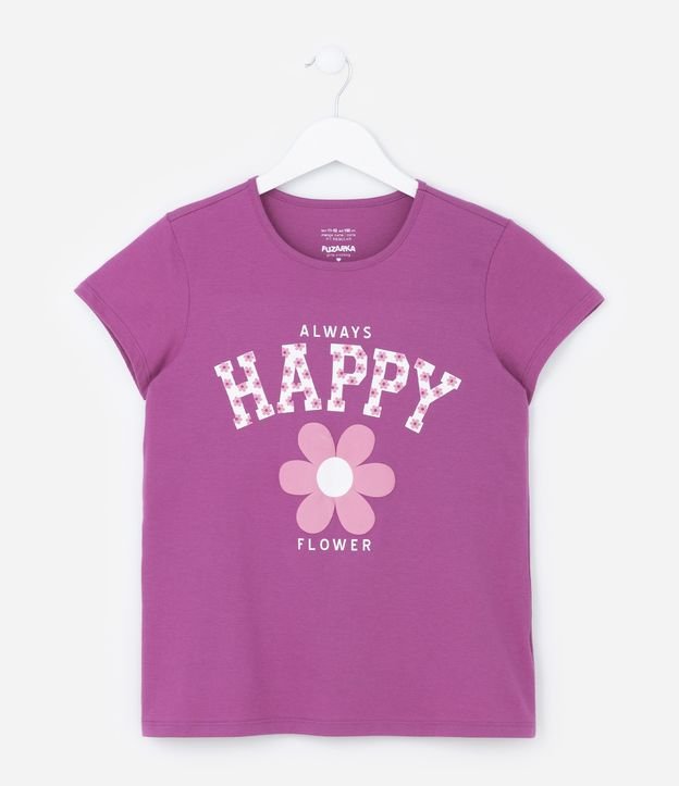 Camiseta Infantil com Lettering Happy - Tam 5 A 14 Anos