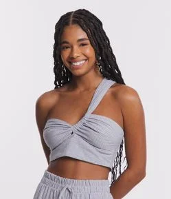 Blusa Cropped em Linho com Um Ombro Só e Listras em Fio Tinto