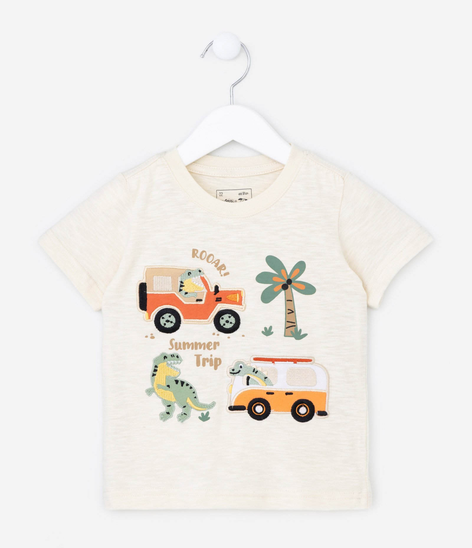 Camiseta Infantil com Bordado de Carrinhos com Dino - Tam 1 a 5 anos Bege 1