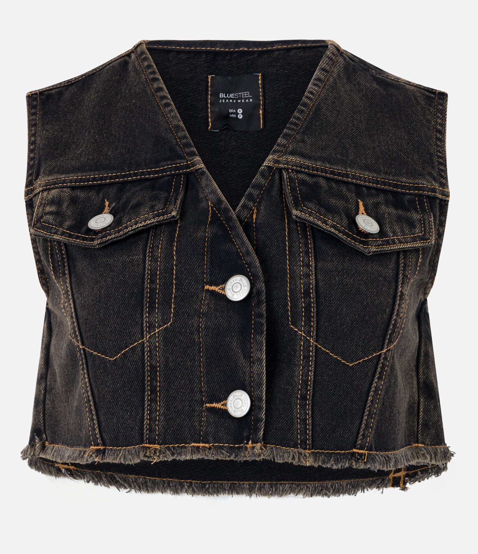 Colete Curto em Jeans com Bolsos Preto 5
