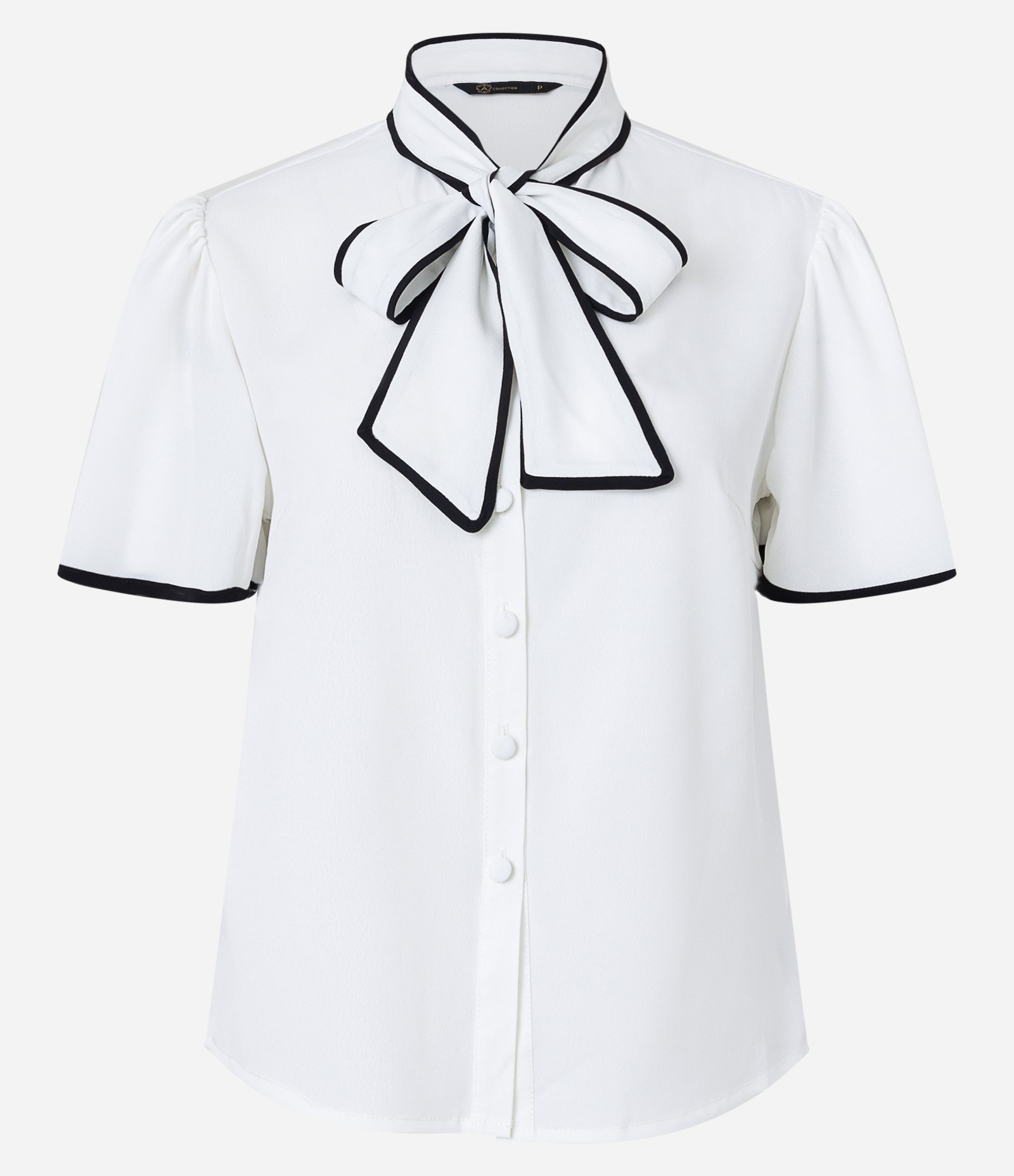 Camisa em Crepe com Gola Laço e Contornos Contrastantes Branco 7