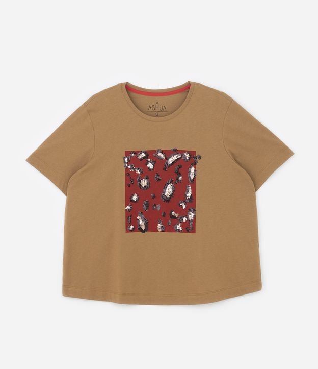 Blusa T-shirt com Estampa de Quadro Animal Print e Paetês Curve & Plus Size Marrom Caramelo 5
