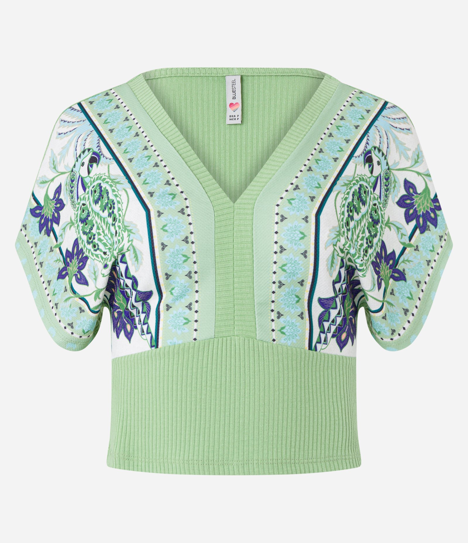 Blusa em Ribana com Estampa Floral com Araras Verde 5