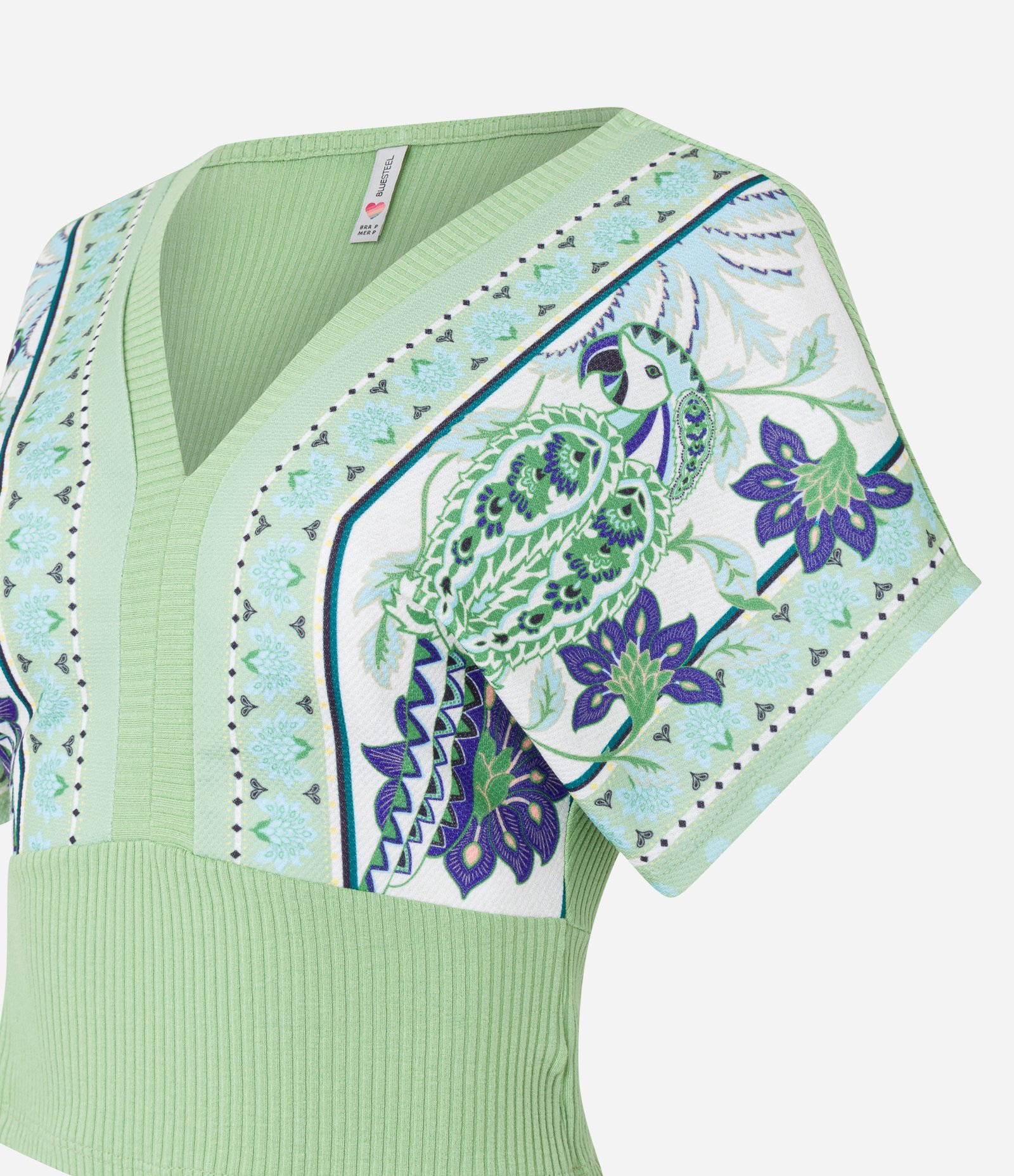 Blusa em Ribana com Estampa Floral com Araras Verde 6