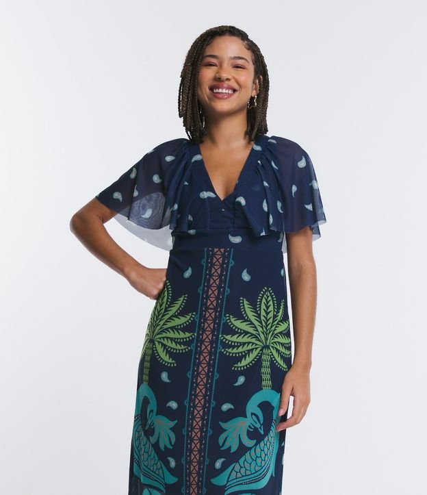 Vestido Midi em Tule com Decote V e Estampa Tropical