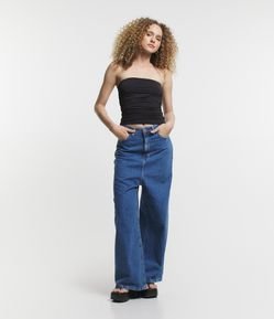 Calça Pantalona em Jeans com Gancho Alongado