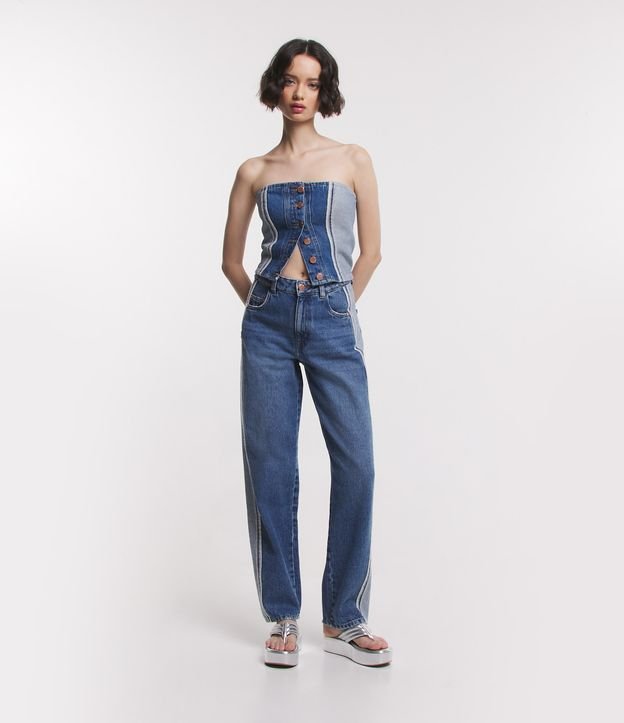 Top Jeans com Decote Tomara que Caia e Recortes Azul Médio 2