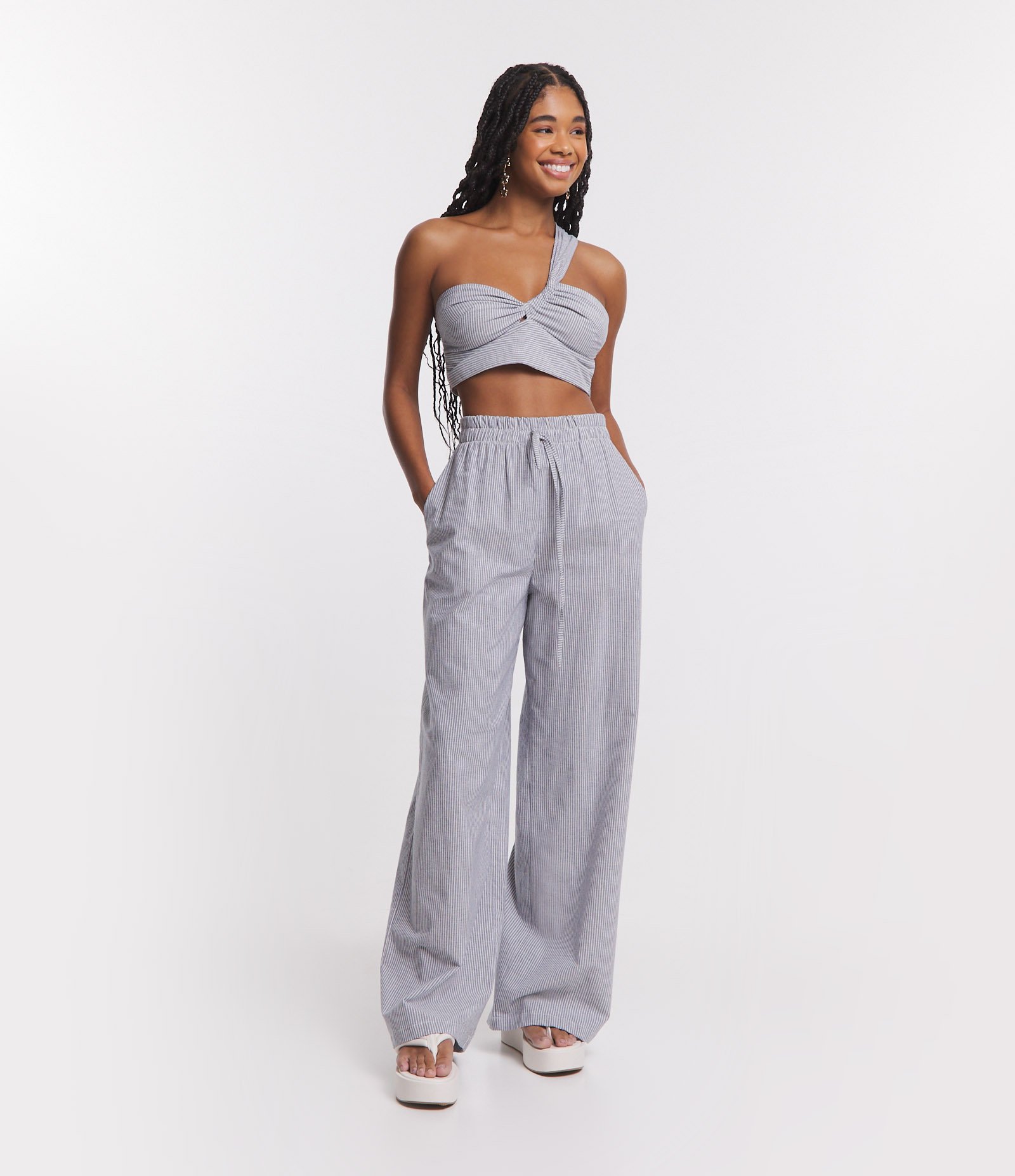 Calça Pantalona em Linho com Listras em Fio Tinto Azul 1