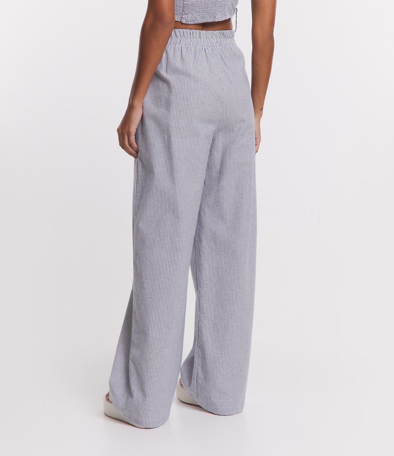 Calça Pantalona em Linho com Listras em Fio Tinto Azul 3