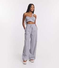 Calça Pantalona em Linho com Listras em Fio Tinto