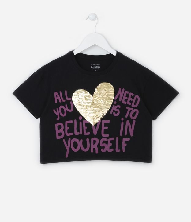 Blusa Cropped Infantil com Estampa de Coração com Paetês - Tam 5 a 14 anos