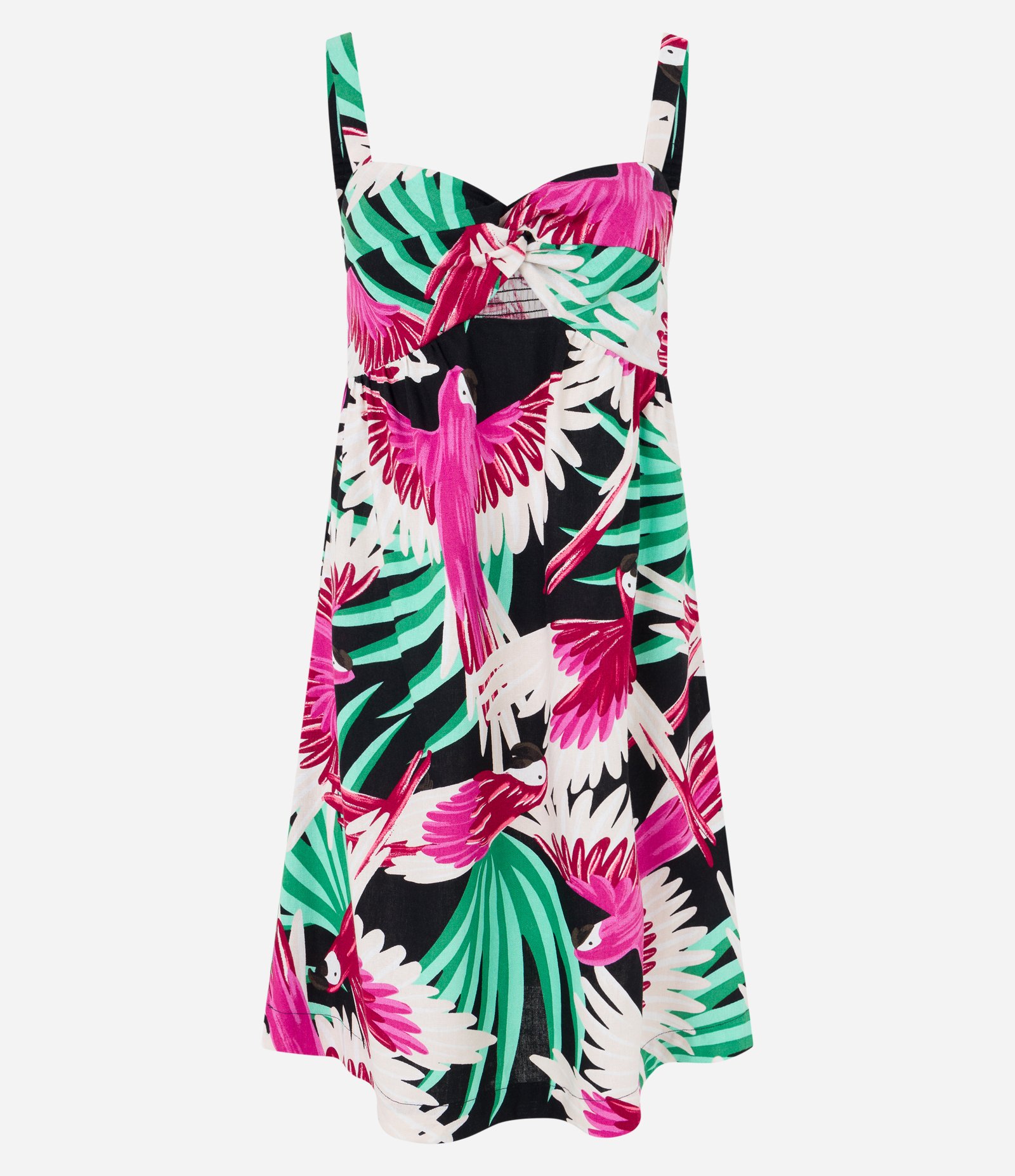 Vestido em Viscose e Linho com Recorte Vazado no Busto e Estampa Araras Rosa/ Preto/ Verde 5