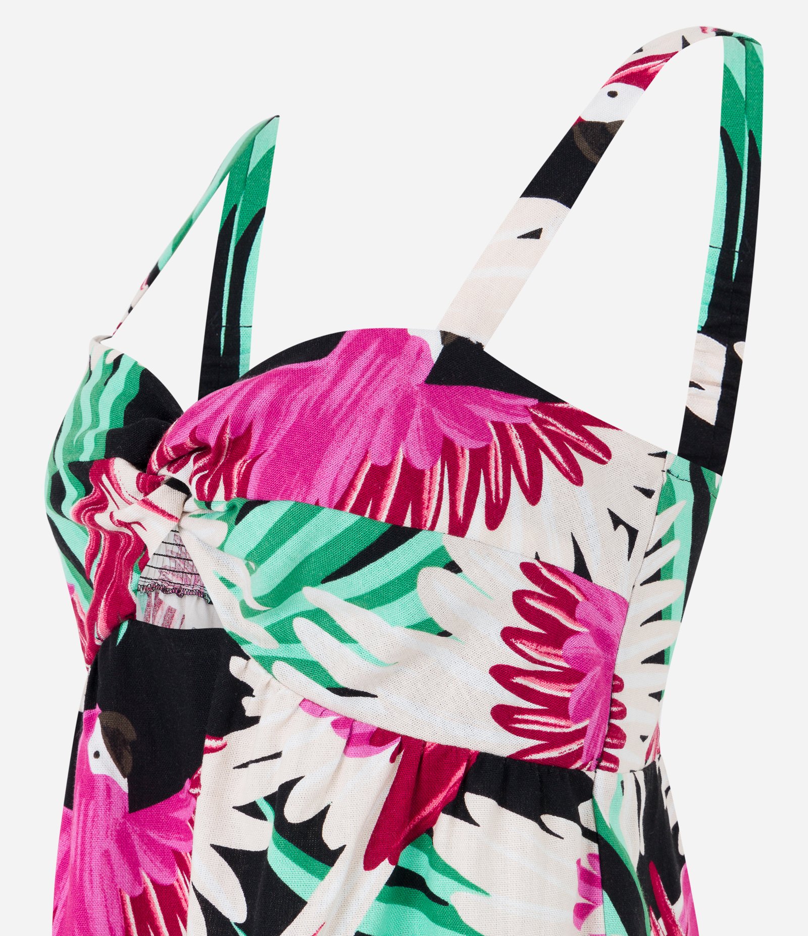 Vestido em Viscose e Linho com Recorte Vazado no Busto e Estampa Araras Rosa/ Preto/ Verde 6