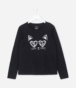 Camiseta Infantil Manga Longa com Estampa de Gatinho - Tam 5 a 14 anos