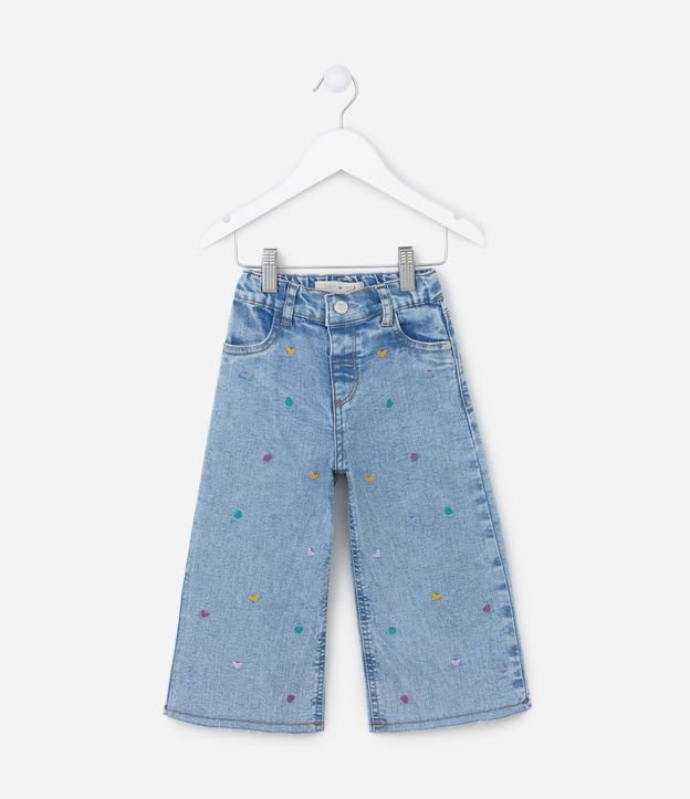 Calça Wide Leg Infantil em Jeans com Bordado Corações - Tam 1 a 5 Anos Azul 1