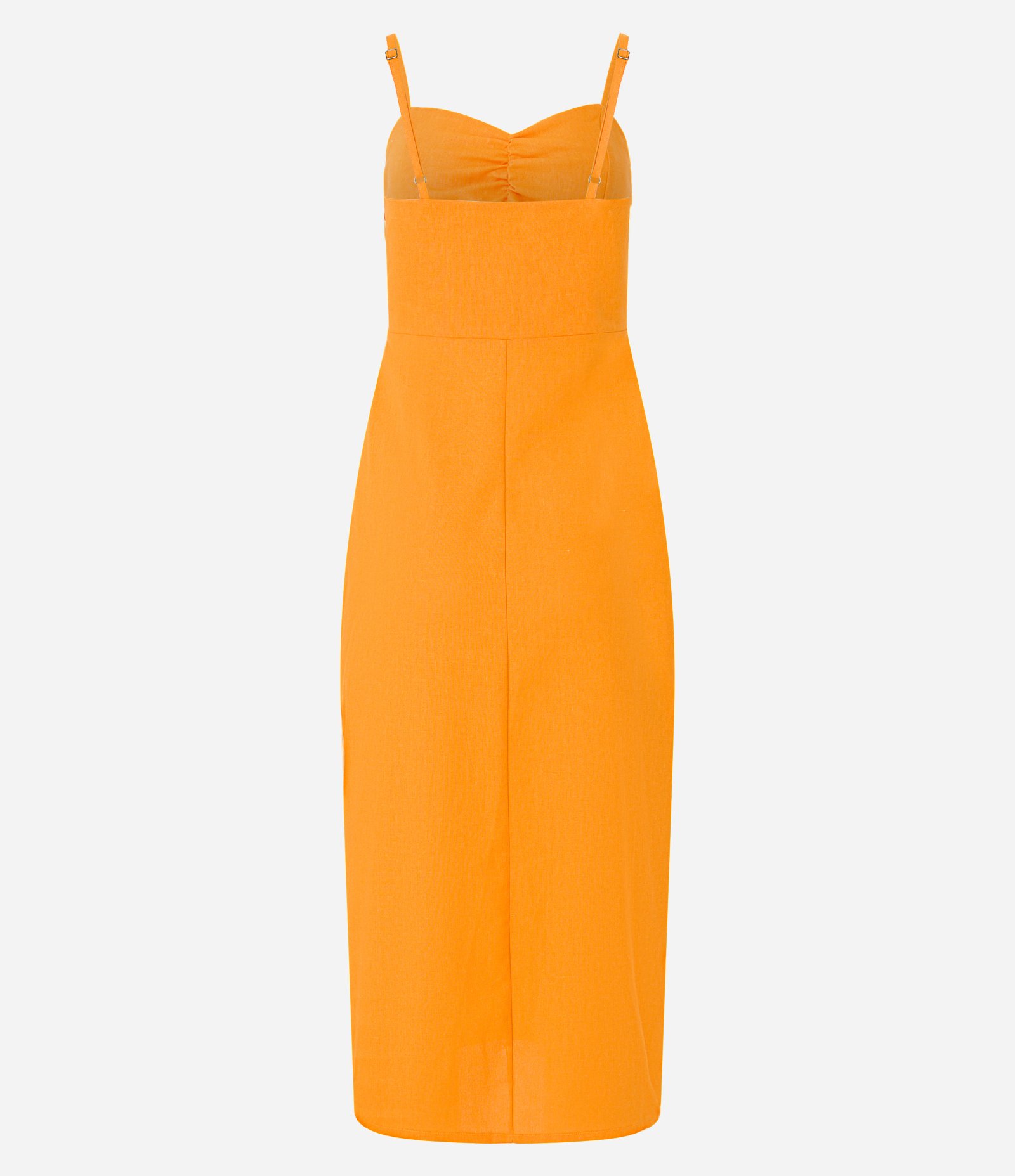 Vestido Midi em Linho com Franzido no Busto e Fenda Lateral Laranja 6