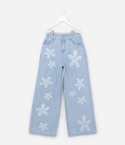 Calça Wide Leg Infantil Jeans com Estampa de Flores - Tam 5 a 14 anos