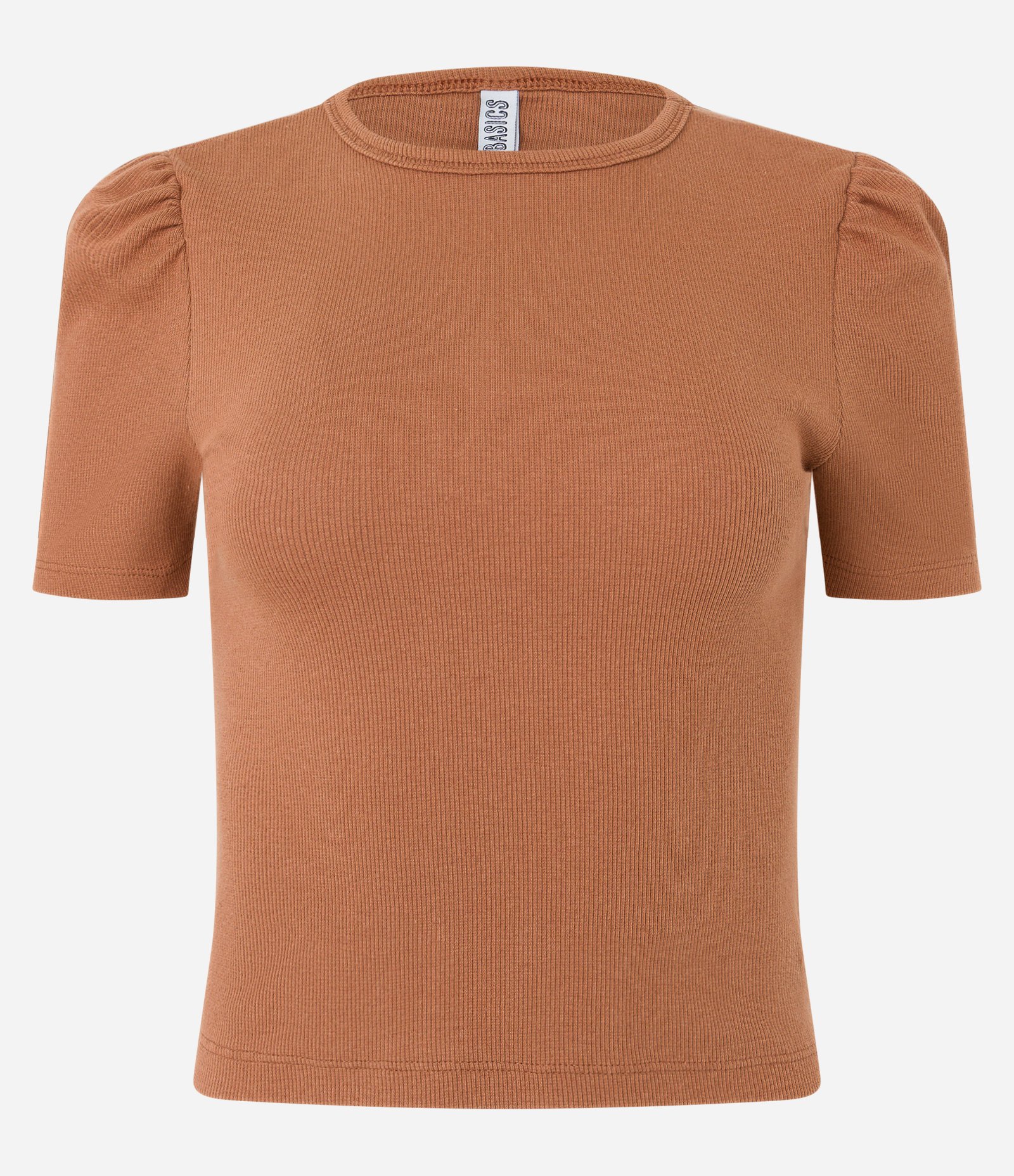 Blusa Básica em Ribana Canelada com Manga Curta Bufante Marrom 5