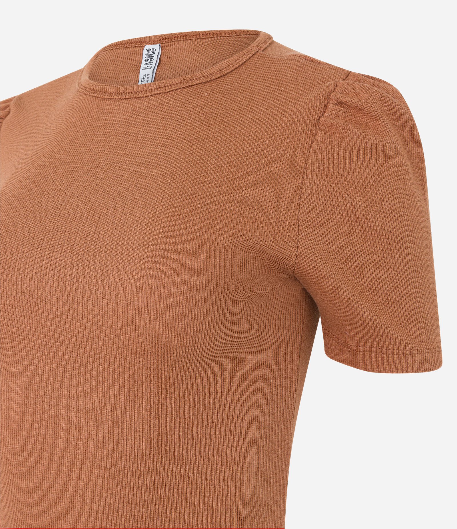 Blusa Básica em Ribana Canelada com Manga Curta Bufante Marrom 6