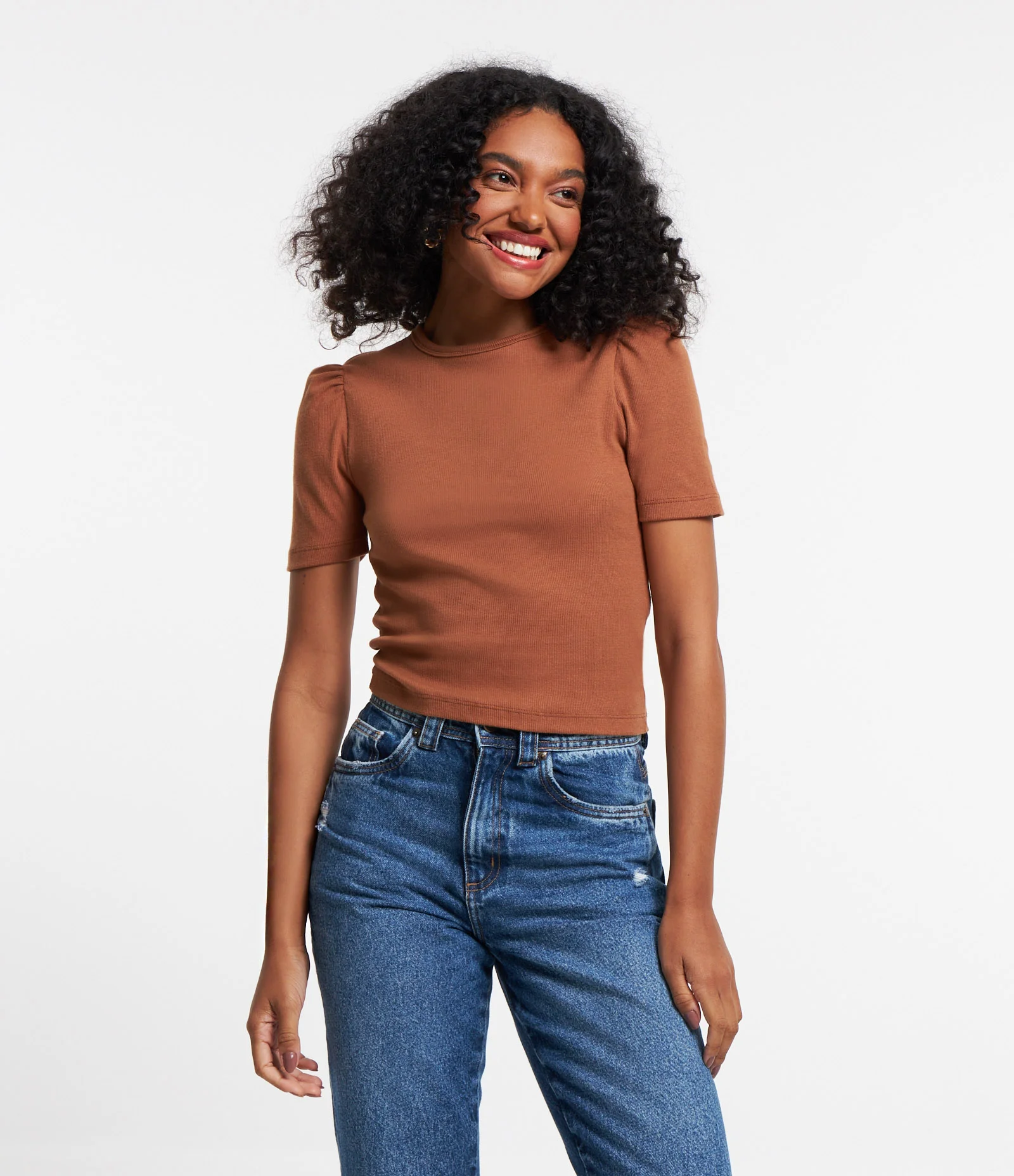 Blusa Básica em Ribana Canelada com Manga Curta Bufante Marrom 1