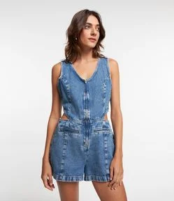 Macaquinho Sem Manga em Jeans com Abertura Lateral