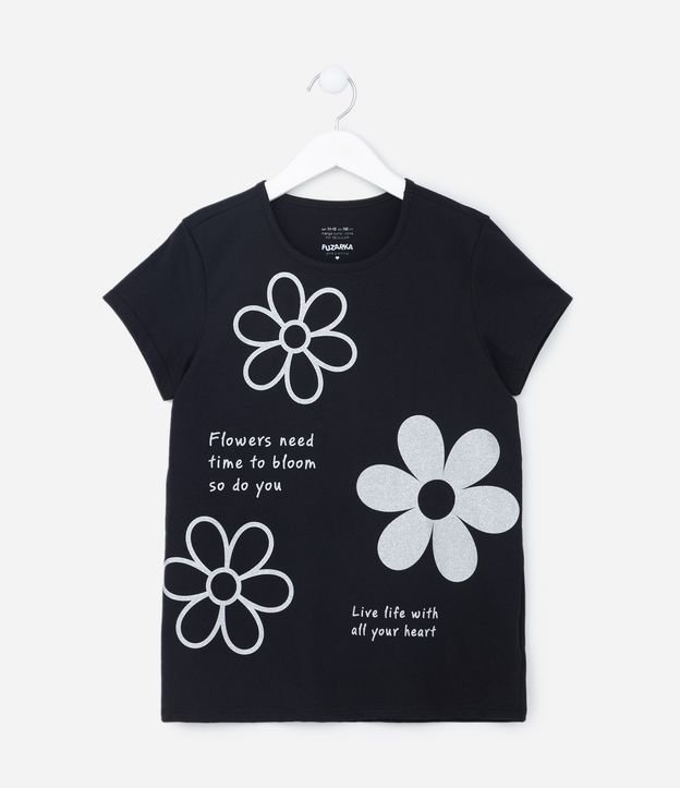 Camiseta Infantil com Estampa Flor - Tam 5 A 14 Anos Preto 1