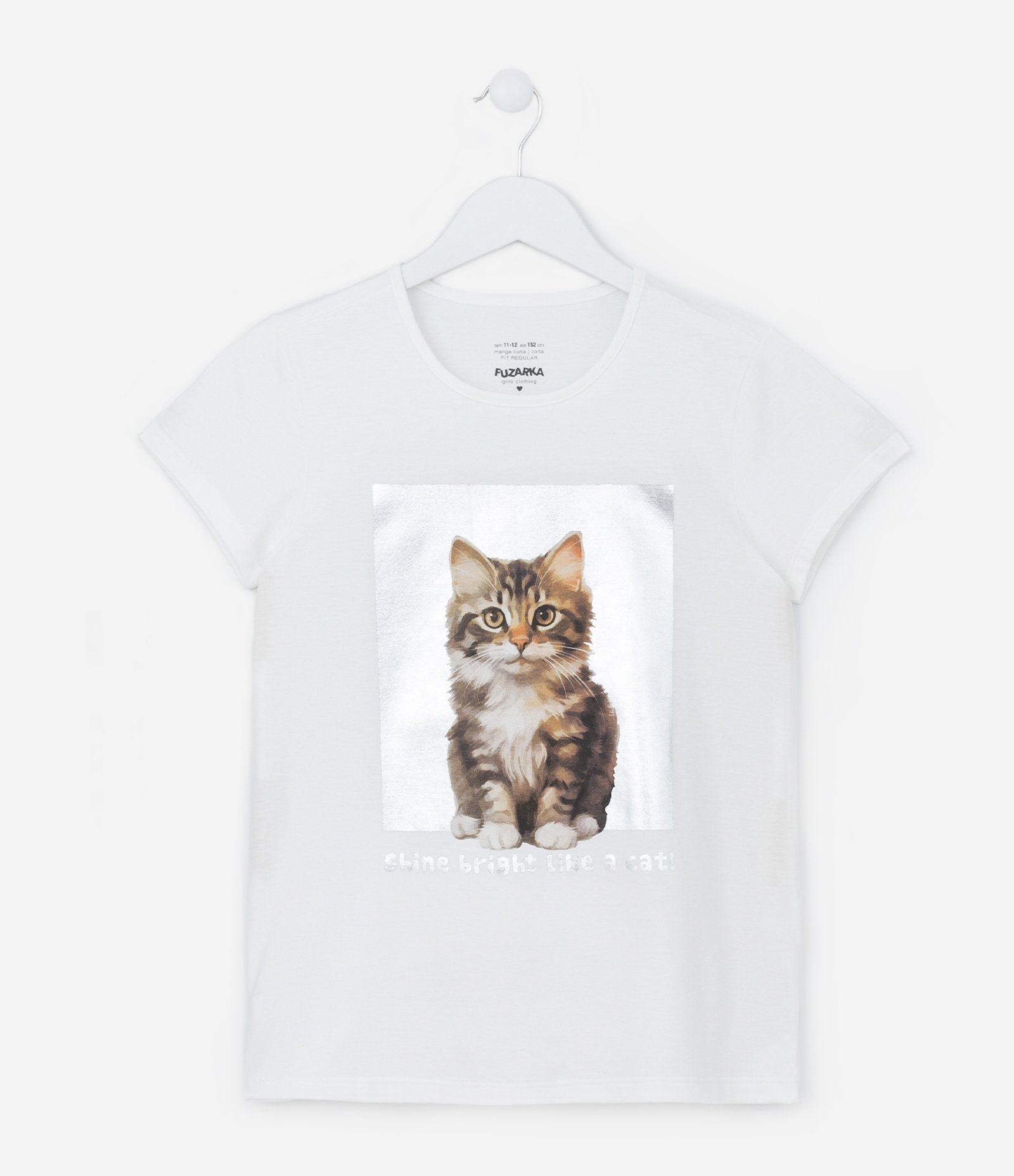 Camiseta Infantil em Algodão Estampa Foil de Gatinho - Tam 5 a 14 anos Branco 1