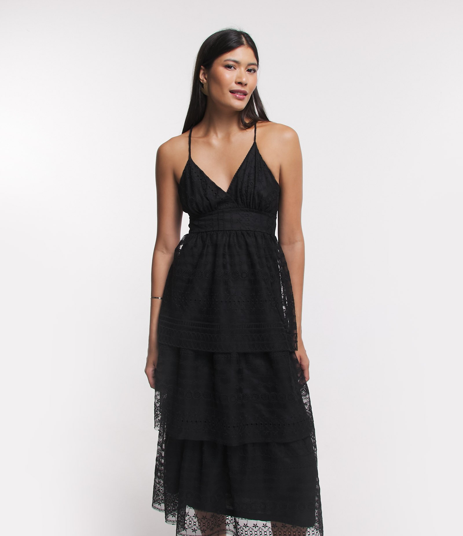 Vestido Midi de Alça em Renda com Sobreposições Preto 2