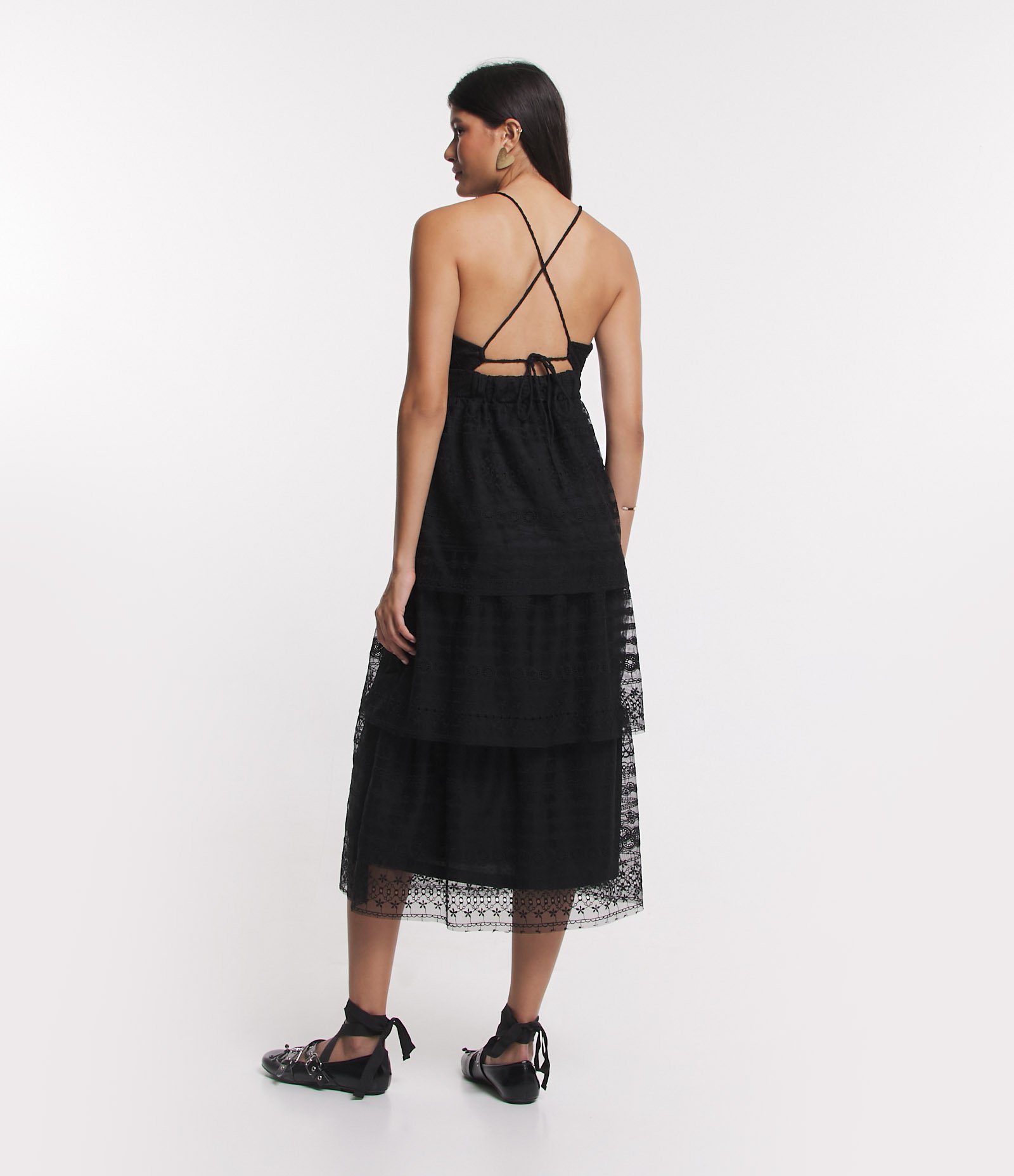 Vestido Midi de Alça em Renda com Sobreposições Preto 3