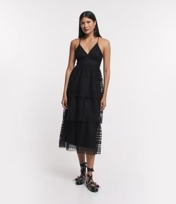Vestido Midi de Alça em Renda com Sobreposições