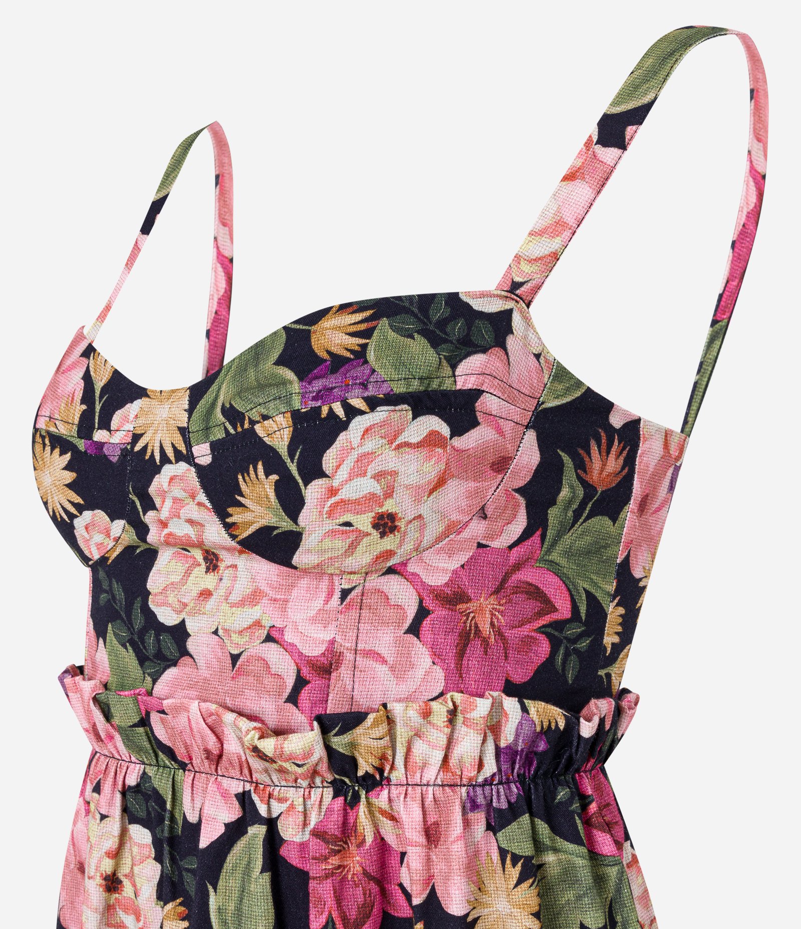 Vestido Midi em Sarja com Babadinho Frufru na Cintura e Estampa Floral Preto/ Rosa 6