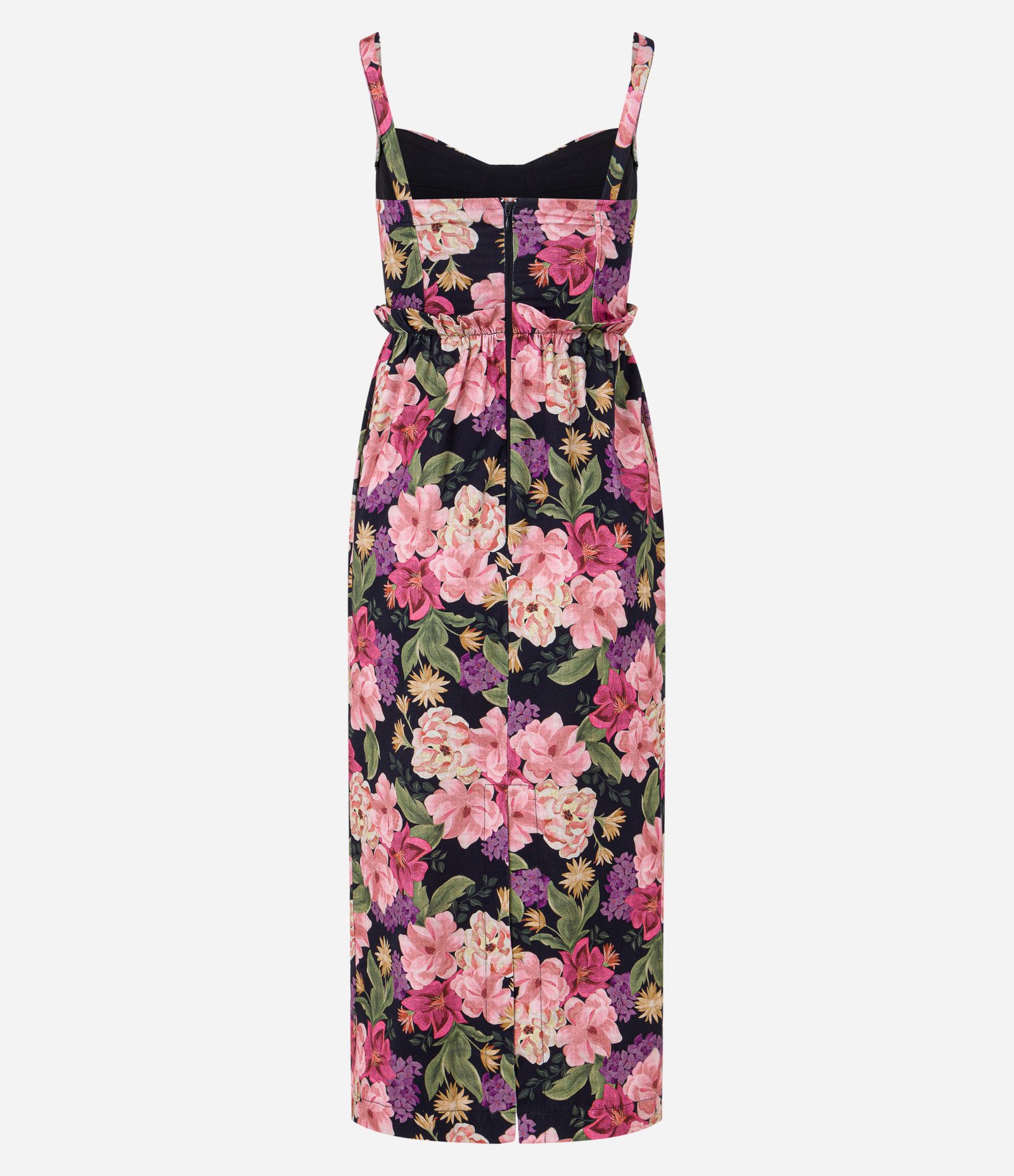 Vestido Midi em Sarja com Babadinho Frufru na Cintura e Estampa Floral Preto/ Rosa 7
