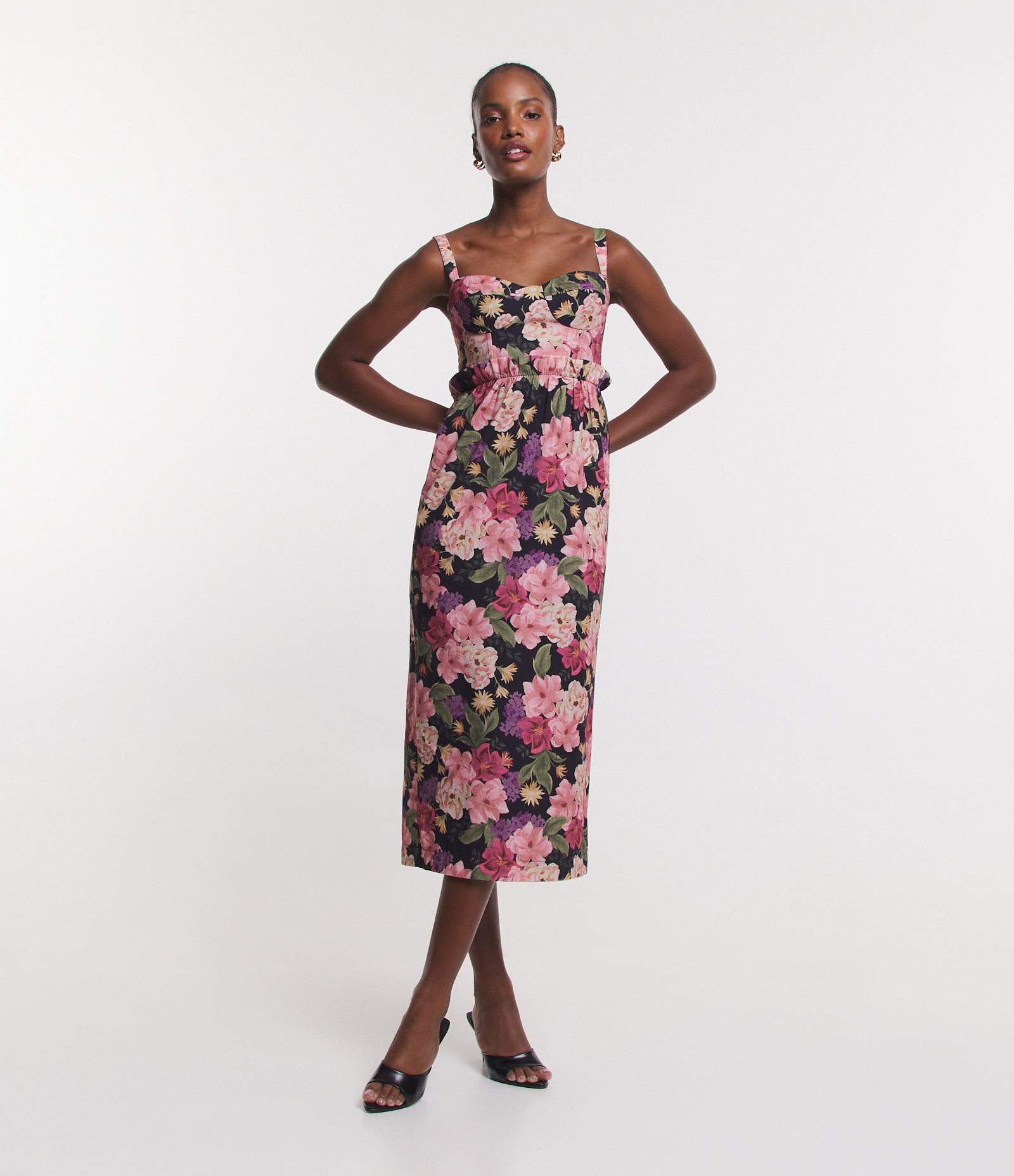 Vestido Midi em Sarja com Babadinho Frufru na Cintura e Estampa Floral Preto/ Rosa 2