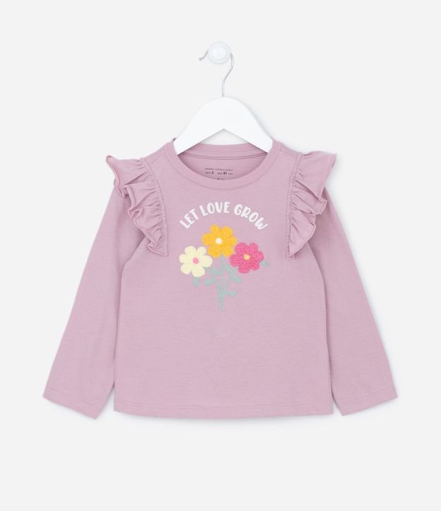 Blusa Infantil em Meia Malha com Babadinhos e Estampa Florzinhas - Tam 1 A 5
