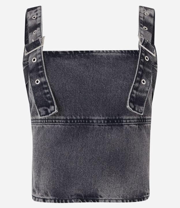 Blusa Cropped em Jeans com Alças de Fivelas