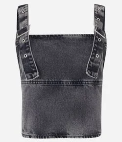 Blusa Cropped em Jeans com Alças de Fivelas