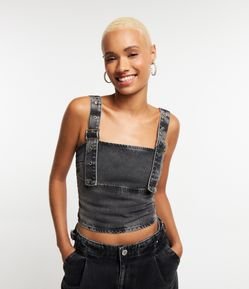 Blusa Cropped em Jeans com Alças de Fivelas