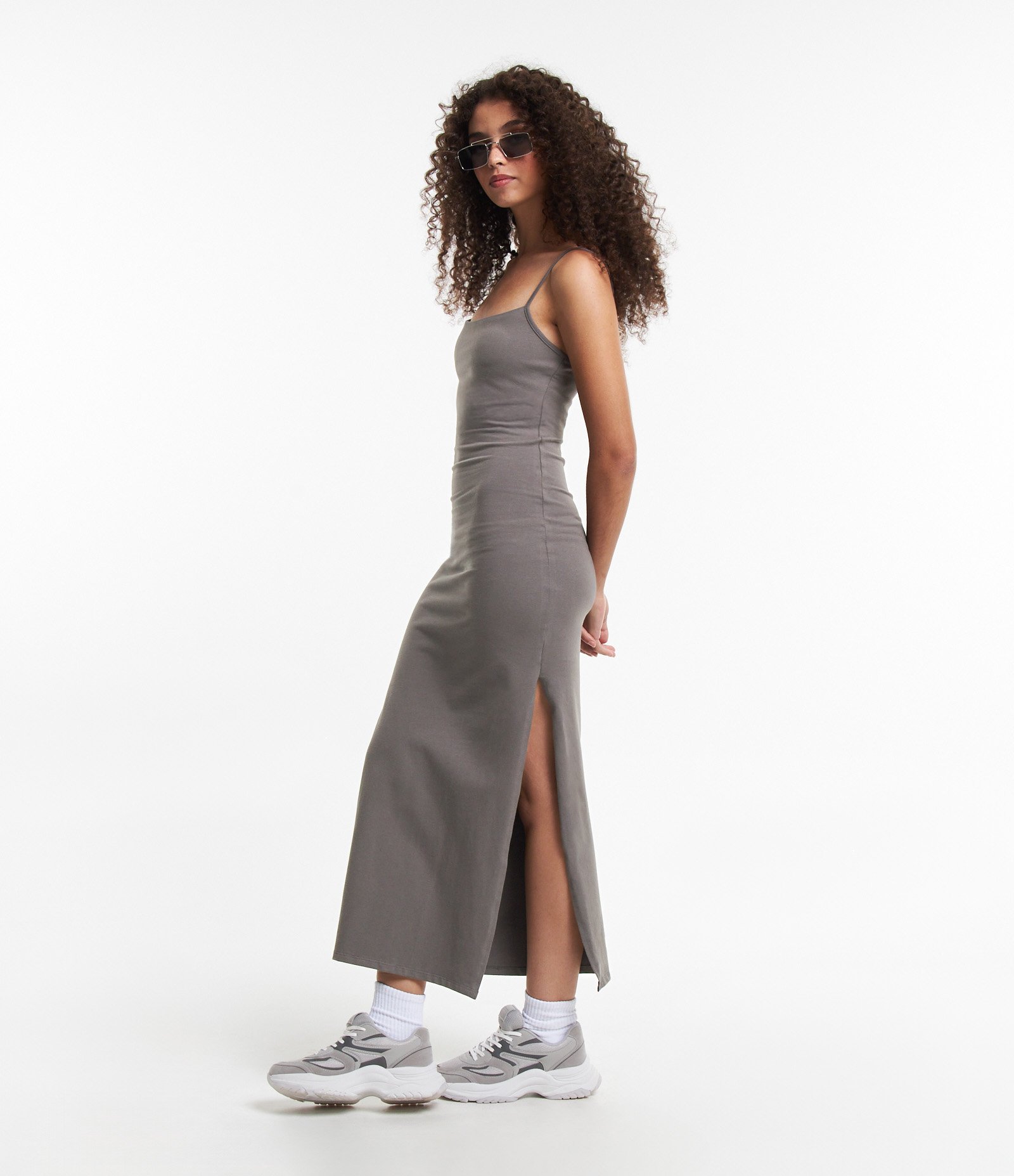 Vestido Longo em Cotton com Fenda na Lateral Cinza 1