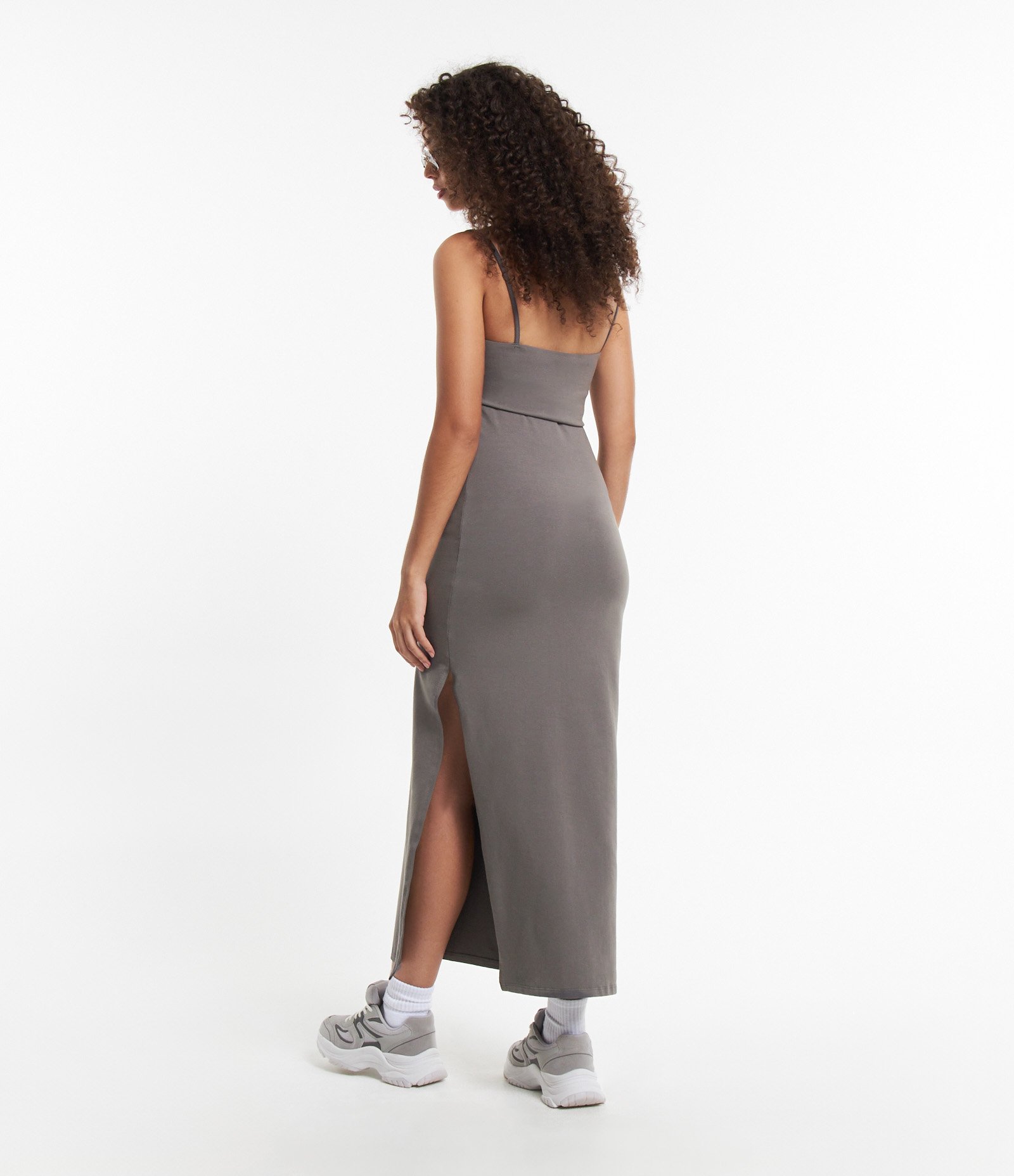 Vestido Longo em Cotton com Fenda na Lateral Cinza 3