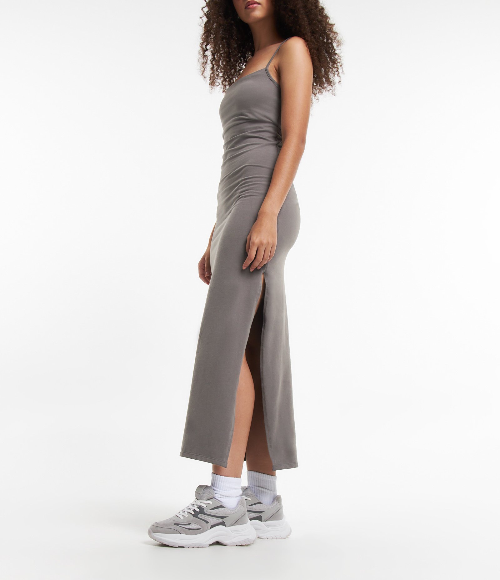 Vestido Longo em Cotton com Fenda na Lateral Cinza 5
